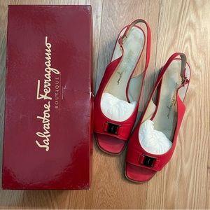 Ferragamo Renata Slingback Block Heels in Red Geranium - size 10.5 B